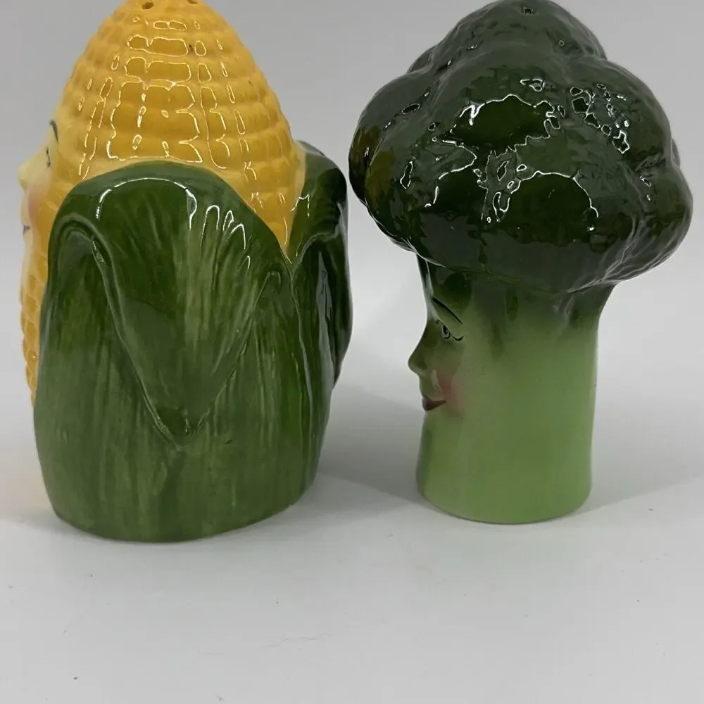 Clay Art Anthropomorphic Corn & Broccoli Salt & Pepper Shakers Ceramic 1992